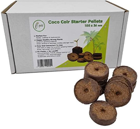 Coir starter pellets 36mm x 100 | Use for seed sowing and cuttings | 100% natural coconut fibre growing media | 100 easy to use compressed soil pellets wrapped in fsc paper