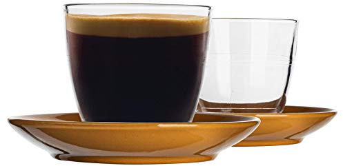 Duralex 12 Piece Gigogne Glass Coffee Cup and Ceramic Saucer Set - Modern Style Tumbler Mug for Latte Cappuccino - Yellow - 220ml