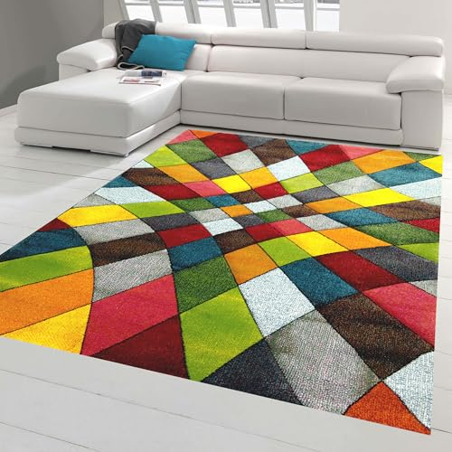 Teppich-Traum Moderner Teppich Wohnzimmer abstraktes Design buntes Rautenmuster grün gelb orange bunt - pflegeleicht Größe 120x170 cm