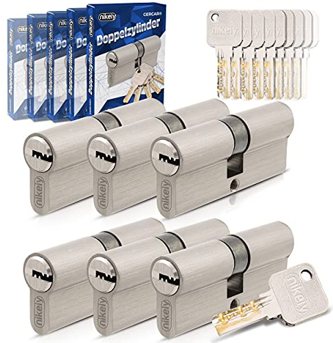 GERCAR Pro - Juego de 6 cilindros de cierre continuo 30/30 (6 cilindros de perfil, incluye 30 llaves, 60 mm, 6 cilindros, longitud: 60 mm, A:30 B: 30 mm, latón mate)