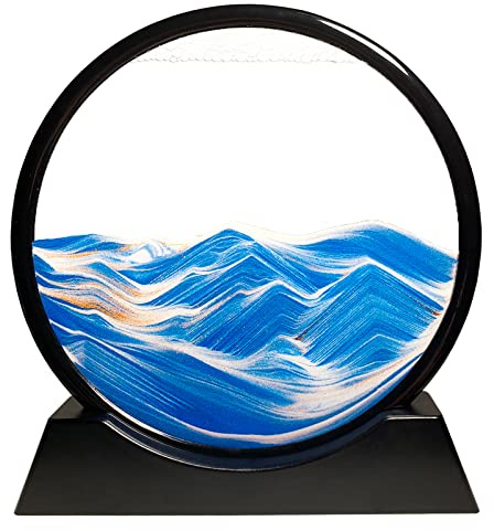 Yuomiker Fließende Sandmalerei - Dynamisch 3D Sandbilder zum Drehen, Bewegliche Sandkunst runder Glas Rahmen Sandbild, Landschaft Sanduhrdekoration für Desktop-Kunst Blauer Ozean Dekor (Blau, 12)