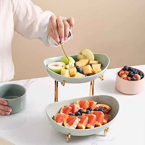 JUNYFFF Cuenco De Fruta Cerámica,Cesta De Frutas, Estante De Frutas Frutero De 2/3 Pisos, con Estante De Metal, para Vegetales Caramelos Bocadillo Chips,Verde,2 Tier