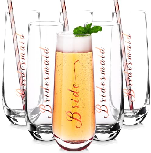 Nuenen 6 Pieces Bridesmaid Champagne Flutes Wedding Bridesmaids Gifts Cups Stemless Champagne Cocktail Glass with Straw Maid of Honor Bridal Shower Gift Wedding Bachelorette Party Supplies, 10.5 oz