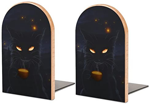 Packung Mit 2 Buchstützen Schwarze Katze Anime Rutschfester Bücherständer Aus Holz Bücherregal Bücherhalter Für Home Desk Office Library