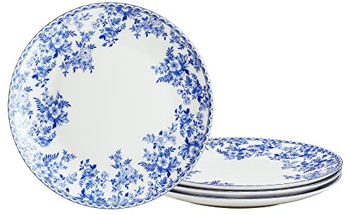 fanquare 20cm Blumen Bone China Dessertteller, Blau und Weiß Porzellan Salatteller für Pasta, Vintage Teller Set von 4