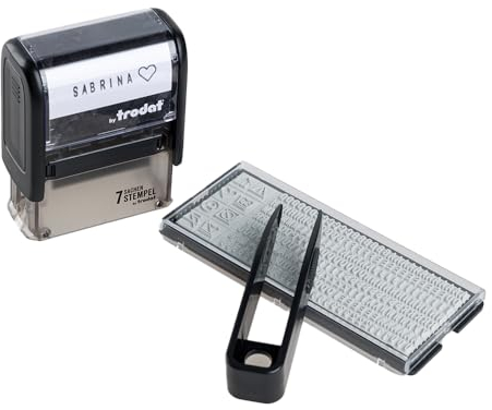 Trodat 7 Sachen Stempel zur Markierung von persönlichen Gegenständen, Stempelset zum Selbst Gestalten – 3 Zeilen, Deutsch, Textilstempel Waschmaschinenfest, 38x14 mm, Abdruck Schwarz, inkl. Zubehör