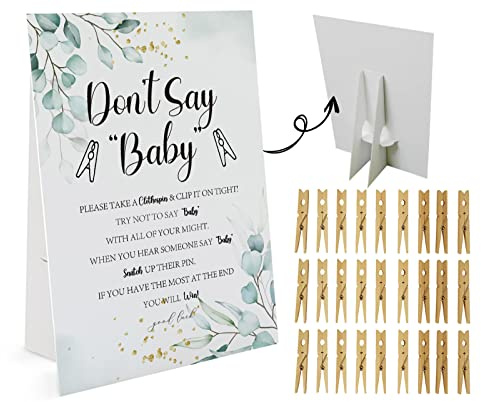 Greenery Don't Say Baby Spiel (1 Schild und 50 Mini Natürliche Wäscheklammern) Don't Say Baby Shower Spiel, Babyparty Dekorationen, Babyparty Spiele Geschlechtsneutral, Garten Baby Shower Spiel (DS08)