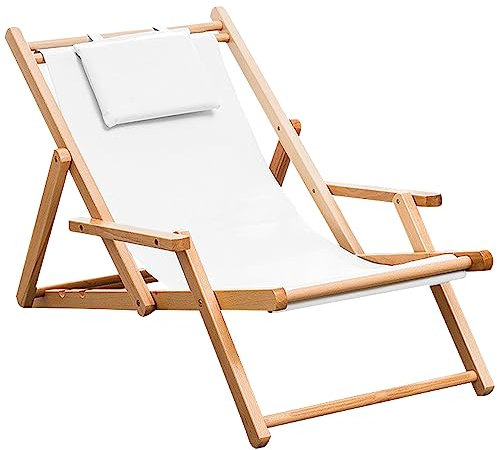 Chaiselongue-Stühle für den Außenbereich, Set aus 2 Terrassenliegen mit 4-Fach Verstellbarer Rückenlehne und Armlehnen sowie Baumwollleinenstoff, Liegestuhl aus Holz für Strand, Pool und Bal