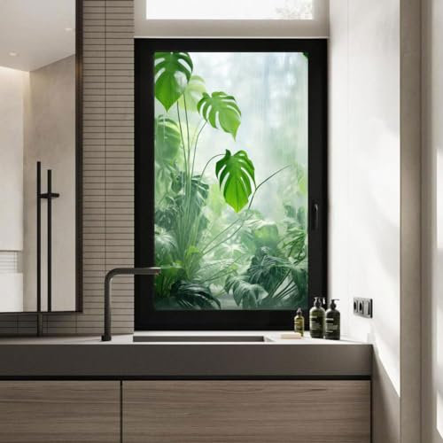 Statisch haftende Sichtschutz-Fensterfolie, grüne Pflanze, dekorative Fensterfolie, mattiert, klebstofffrei, Glasfensteraufkleber für Heimdekoration, B 16,5 x H 63 (42 x 160 cm)
