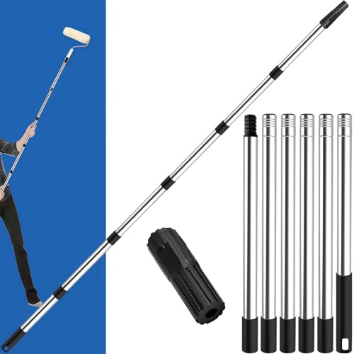 Paint Roller Extension Pole 2.4m, 6 Segmented Lightweight Stainless Steel Telescopic Pole, Extension Pole with Tapered Adapter, Extendable Roller Pole for Painting and Cleaning Tools