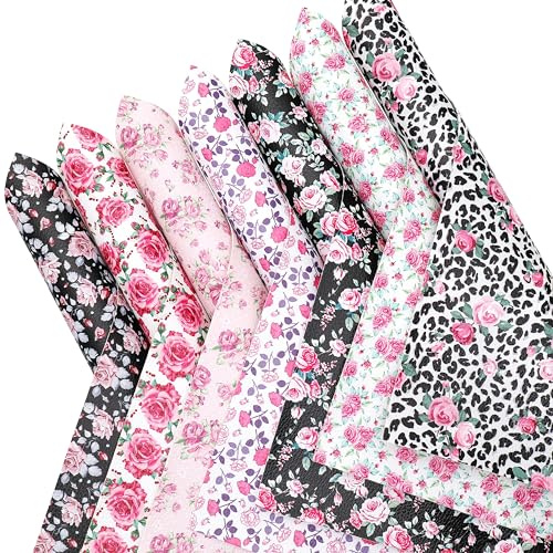 Hantverk tyg 7 st blommigt tryck syntetisk vinyl fuskläder tyg bunt bredd 20 cm x 30 cm för väskor, hårrosett, lädernyckelringar, handväska plånböcker gör klädsel dekoration (rosblomma)