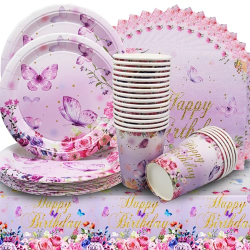 Ensemble de vaisselle pour fête en forme de papillon – Décoration pour anniversaires, filles, enfants, assiettes en papier, serviettes, nappe pour 20 invités
