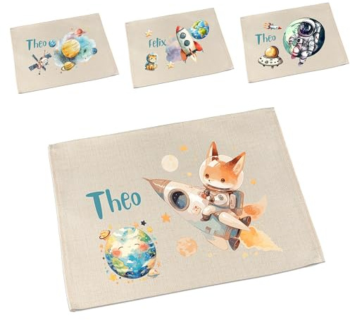 Tischset Kinder personalisiert mit Weltall-Motiven – Astronaut, Rakete, Planeten, Satellit, Kosmonaut | Platzdeckchen mit Namen | Platzset waschbar & abwischbar | Frühstücksdeckchen Schule