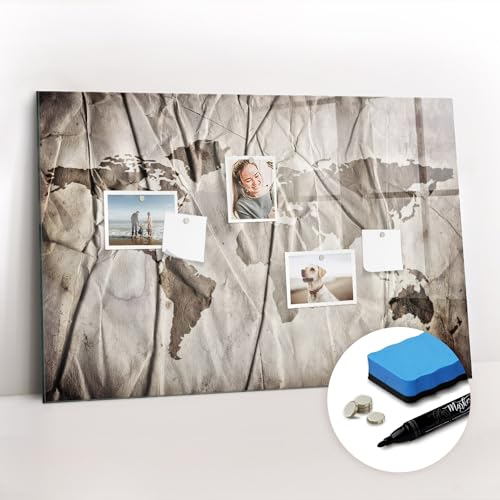 Tulup Magnettafel Magnetpinnwand 90x60 Magnetisch zum Beschriften Glasplatte Schreibtafel mit Motiv Tafel abwaschbar Wandtafel mit Magneten und Stift - Nahtloses Muster der Weltkarte