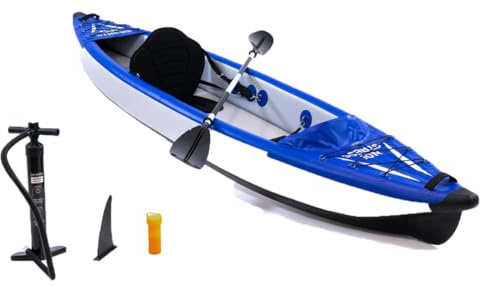No Stress Kajak Einsitzer 350 cm I Inflatable Kajak mit Dropstitch-Technologie I Hervorragender Richtungstabilität, 3-Kammer-System I Inkl. Paddel, Sitz, Pumpe, Finne, Rucksack, Repair Kit