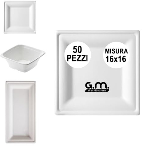 G.M. DISTRIBUZIONE 50 Piatti Quadrati Bianchi in Polpa di Cellulosa 16x16 cm, Ideale per Cibi Caldi e Freddi, Piatti Imperameabili Usa e Getta Adatti al Microonde, Biodegradabili e Compostabili