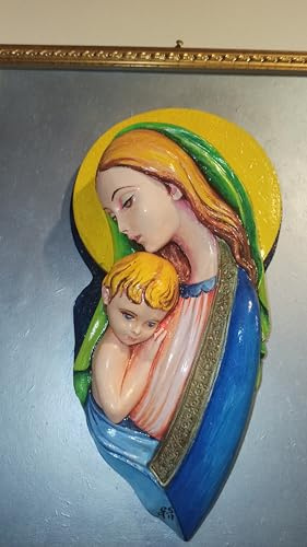 Madonna con Bambino in Profilo, Scultura in Gesso Alabastrino, 39x32 cm, Cornice Dorata