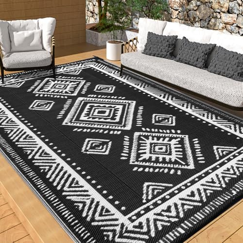 OMERAI Outdoor Teppich Wetterfest Garten Balkon Teppiche Terrasse Wasserdicht Leichtgewicht Reversible Outdoor UV Beständig Camping Teppich Einfache Reinigung Garten Matte, Schwarz 150X240CM