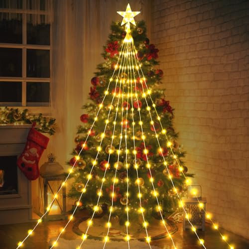 Weihnachtsdeko Lichterkette Weihnachtsbaum mit Sterne, 2M 198LED Weihnachtsdeko Aussen Weihnachtsbaum Lichterkette Wasserdicht Weihnachtsbeleuchtung Christbaumbeleuchtung mit Ring für Innen Außen (A)