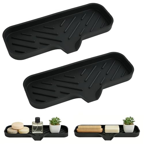 WATUNID 2Pcs Soap Holder with Drainage,Self-Draining Silicone Sponge Tray | Sloped Drainage Design, 9×3.9in, BPA-free Heat-Resistant,Raised Ridges Keep Items ,Holds Sponges,Brushes,Quick-Dry Surface