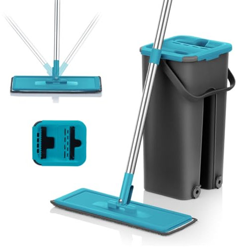 Mopa para Limpiar Azulejos y Paredes Mopa Fregona con Cubo Escurridor Fregona Autoescurrible Mopas de Limpieza Suelos Set 6 Almohadillas Gamuza Mop Bucket Trapeador Microfibra