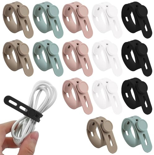 15 PCS Fascette Cavi in Silicone, Fascette Riutilizzabili, Fascette Regolabili Lavabili con Fibbia di Bloccaggio per Organizzazione Cavi in Casa e Viaggio（Bianco/Nero/Rosa/Blu/Grigio）