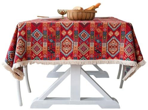Tischdecke Bohemian Vintage 100x140cm, Garten Tischdecke mit Quaste Rechteckige, Ethnische Kaffeetischdecke, Tafeltuch Abwischbar Fleckschutz für Feste Party Picknick Haushalt