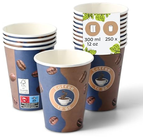 BIOZOYG Pappbecher Bedruckt 250 Stück 300 ml / 12 oz, Ø 80 mm, weiß - Kaffeebecher to Go - Pappe beschichtet mit PE - Trinkbecher für warme und kalte Getränke, Einwegbecher