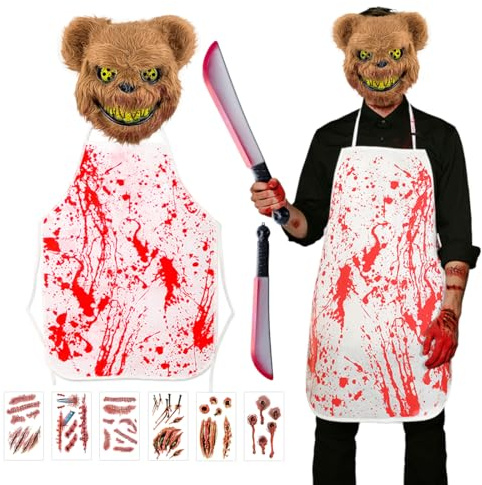 TaleMoon Horror Bear Mask Costume, Halloween Bloody Mask Bear, Machete, Blood Apron, Blood Stain Sticker, Halloween Costume Scary Men, Horror Costumes Women for Cosplay Party Adults