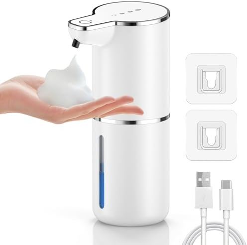 maxtachi Dispenser Sapone Automatico Schiuma,USB Ricaricabile Dispenser Sapone Bagno Automatico con Sensore,4 Livelli di Marcia Soap Dispenser Schiuma per Cucina, Bagno, Hotel