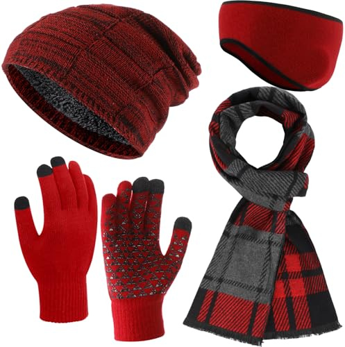 Jeere 4 Pcs Men's Winter Hat Scarf Gloves Earmuff Set Warm Gift, Red