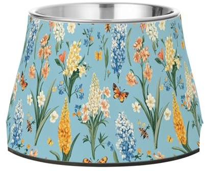 Frühlingsblumen, Hyazinthen, Schmetterlinge, Blau, Haustier-Futternäpfe aus Edelstahl, Metall, Haustiernäpfe für Hunde, Katzen, Kaninchen, Vögel, Schnurrhaare