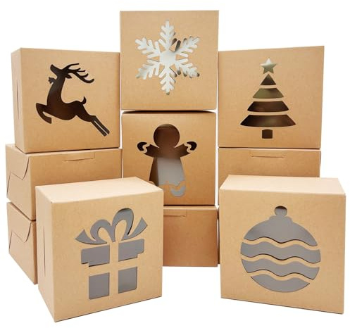 AouEtnay 24 PCS Christmas Cookie Boxes Brown Bakery Treat Boxes with Window, Christmas Cookie Containers for Gift Giving, Holiday Party Favor Pastries, Cupcakes, Donuts, Brownies, 4x 4x 2.5