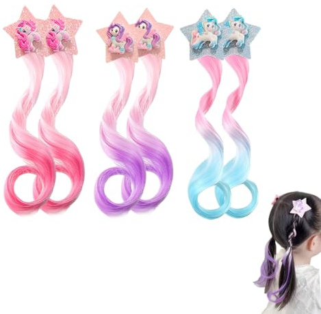 HABNI 3 Pcs Ciocche Colorate Per Capelli Bambina Capelli Colorate Con Forcina Riccioli Ragazza Parrucca Capelli Accessori Unicorno Principessa Stella Fiocco Forcina Accessori Trecce Festa