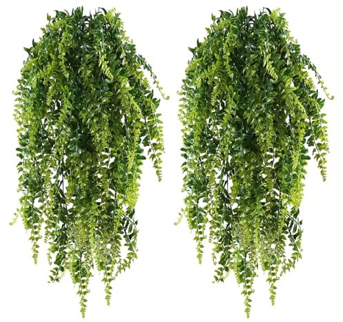 2 Stück Farn Künstliche Hängepflanzen Künstliche Pflanzen Hängend 69cm | Kunstpflanze Hängend Plastikpflanzen Grünpflanze Unechte Pflanzen für Draussen Balkon Topf Hochzeit Garten Deko Grün