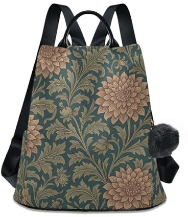 KLL William Morris Dahlia Pattern Fashion backpack for travel multipurpose laptop backpack for women for Travel, Work, Everyday with Pom-pom keychain