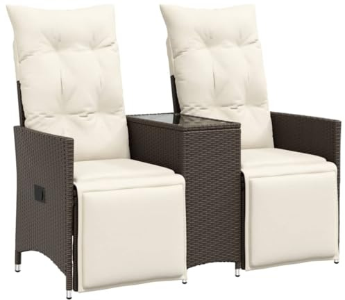 VIHHQGC Verstellbares Gartensofa 2-Sitzer mit Tisch und Ablage in Braun Poly Rattan als Gartenmöbel mit Verstellbarer Rückenlehne