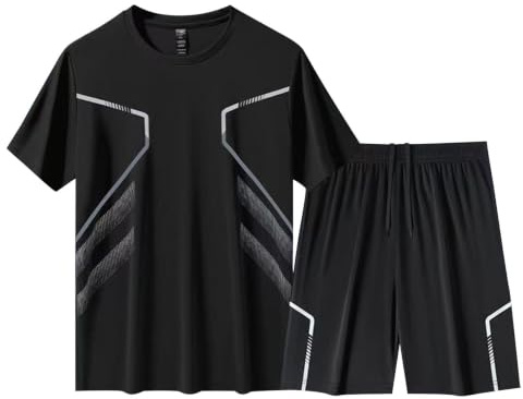 Joggingdräkt herr sommar outfit herr sportdräkt snabbtorkande korta byxor och t-shirt set andas sommardräkt stretch träningsoverall enfärgad tracksuit med dragsko fitnessdräkt, svart, 3XL