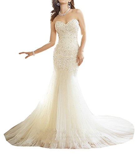 XUYUDITA Sweetheart de Las Mujeres con Cuentas de Encaje de CORS¨¦ Sirena Vestido de Novia Vestido de Novia Marfil-38