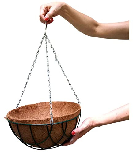 Pokugiardini, dunkelgrüne Blumenampel -Hängekorb inkl. natürlicher Kokoseinsatz - Ø 30cm mit Stabiler Eisenkette zum Aufhängen. Für den Innen- und Außenbereich.