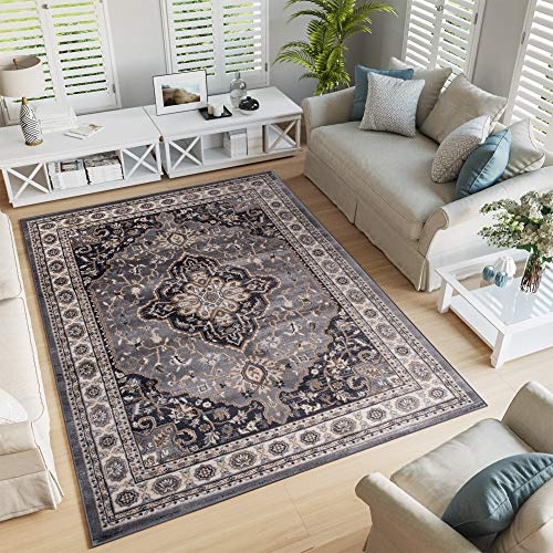 TAPISO Colorado Teppich Kurzflor Grau Schwarz Medallion Blume 250 x 350 cm | strapzierfähiger Teppich Wohnzimmer Klassisch Orientalisch Ornament Muster Orientteppich OEKO-TEX