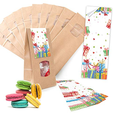 Logbuch-Verlag 10 braune Blockbodenbeutel + bunte Aufkleber - Geschenktüten mit Fenster zum Befüllen - für Lebensmittel geeignet