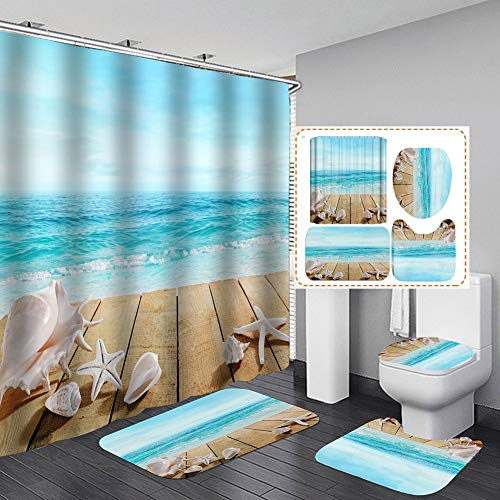 Bullpiano Seastar Duschvorhang Set Muscheln Seestern Strand Bad Duschvorhang mit rutschfesten Teppichen Toilettendeckel und Badematte, Stoff Wasserdichtes Badezimmerzubehör Set mit Vorhanghaken (C)