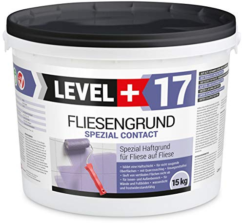 Level + 17 Fliesengrund Spezial Contact für Fliese auf Fliese - 15 kg | Spezial-Haftgrund mit Quarzsand für Fliesen, Glasmosaik, Naturstein & PVC - Grundierung für Innen & Außen
