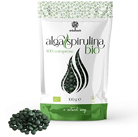 ERBOTECH Spirulina Tabletten, 100g Packung, ca. 400 Kapseln, 100% Reine und Vegane Meeresalgen, Energiequelle, reich an Proteinen, Vitaminen, Magnesium, Stärkt das Immunsystem