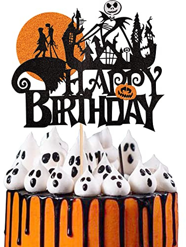 1 Stück Halloween Happy Birthday Cake Topper Glitter Halloween Zauberer Gespenst Kürbis Tortenaufleger Dekoration für Gespenst Zauberer Hexe Thema Kuchendekoration Geburtstag Party Schwarz Orange