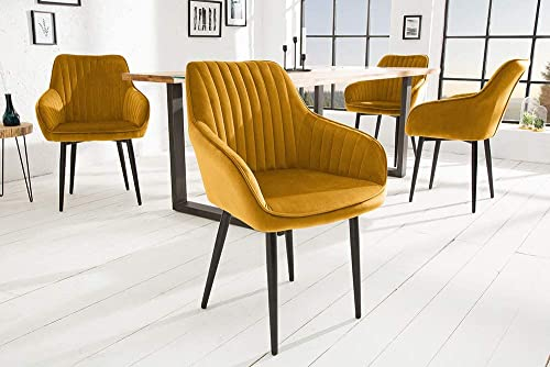 LEBENSwohnART Eleganter Stuhl Milan Samt senfgelb Ziersteppung Armlehnen Esszimmerstuhl Retro