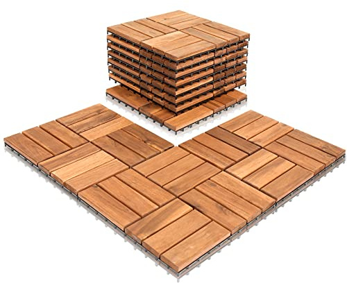 Cecaylie 110er Pack Holzfliesen aus Akazien Holz,12 Latten Fliese Holzfliesen 30x30 cm - 10 m² Balkonfliesen für Balkon, Garten & Terrasse | einfach, schnell & praktisch verlegt