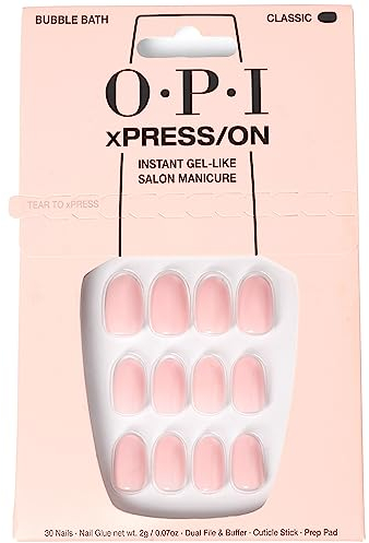 OPI xPRESS/ON Bubble Bath - Nude Pink Short Round Press On Nails - With Nail Glue - Long Lasting, Reusable & Non-Damaging Short False Nails