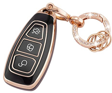Autoschlüssel Hülle für Ford Zubehör 3 Tasten TPU Auto Schlüsselhülle | für Fiesta Focus C-Max Galaxy B-Max Grand C-Max Kuga Mondeo S-Max Schlüssel Hülle Schlüsselcover mit Bling Schlüsselbund